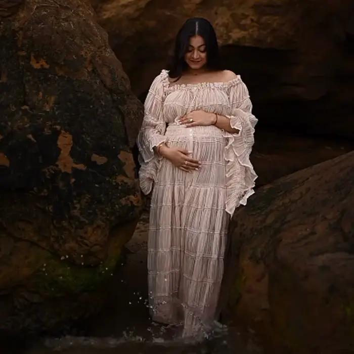 Robe de grossesse bohème pour séance Photo, ensemble deux pièces en mousseline de soie pliée, robe b