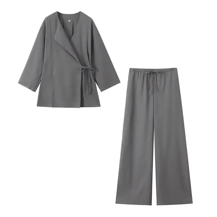 Willshela femmes mode 2 pièces ensemble solide à lacets chemises et Vintage taille élastique pantalo