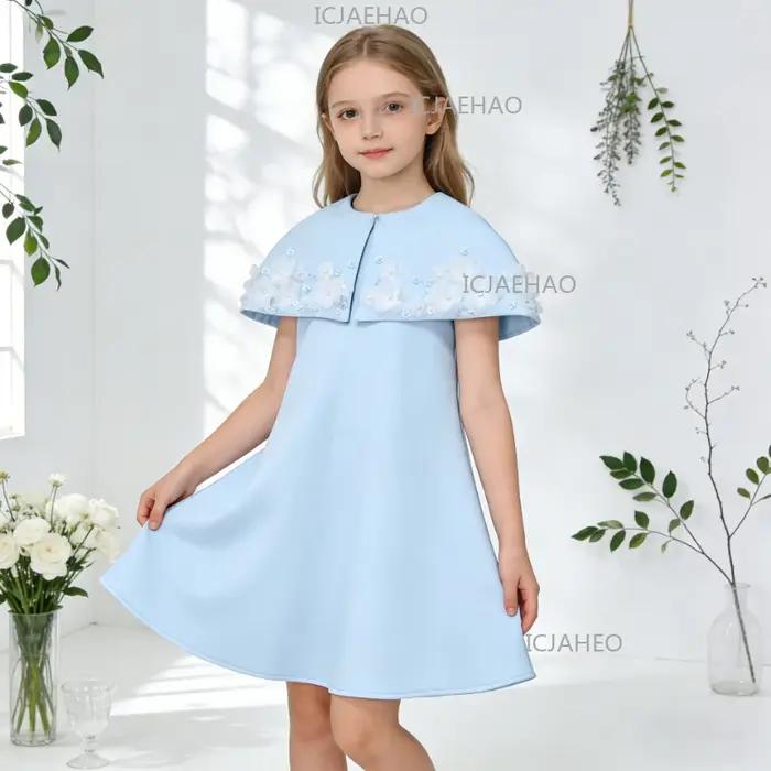 Robe de princesse bleu clair élégante pour filles 2026 avec cape et jupe à volants, idéale pour les
