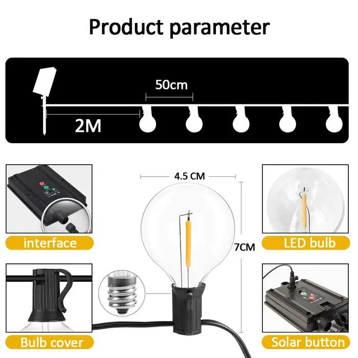 12M 30 LEDS G40 guirlandes solaires lumières de Patio extérieur solaire et alimenté par USB étanche