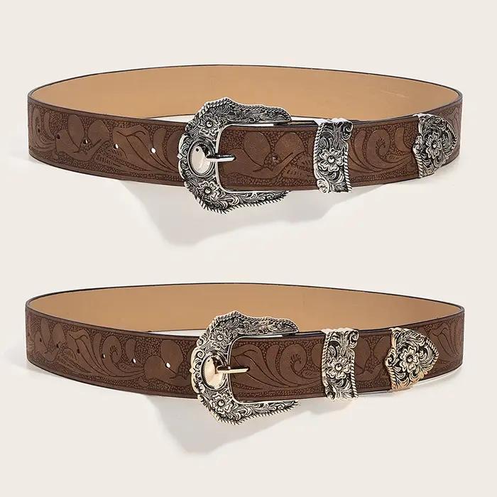 Ceinture Vintage en cuir PU marron occidental pour femme, ceinture de taille Cowgirl avec boucle en