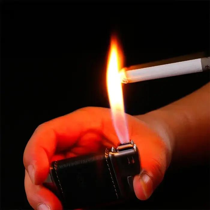 Briquet à tuyau gonflable en métal pour hommes conception de feu oblique en cuir brossé élégant cadeau pour hommes occasions spéciales