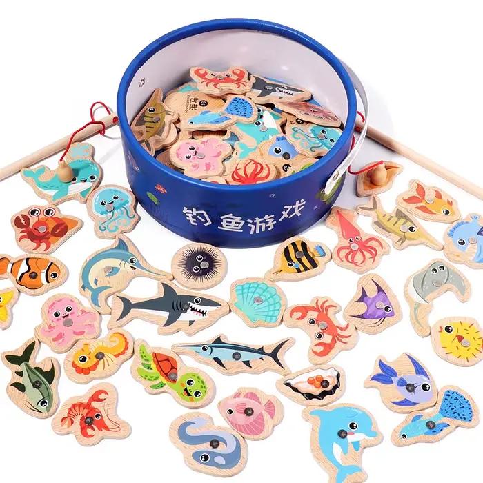 Jouets de pêche magnétiques en bois pour enfants, jeux de poissons cognitifs de la vie Marine, jouet