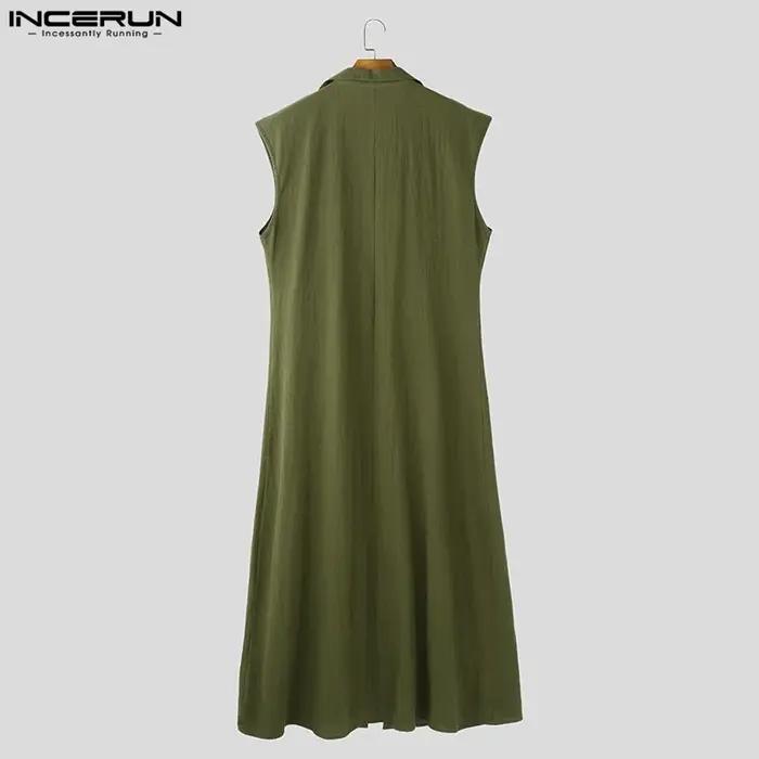 INCERUN hommes chemises de Style Long solide col montant sans manches décontracté mâle Cardigan Stre
