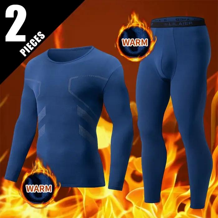Ensemble de sous-vêtements thermiques de sport imprimés pour hommes, 2 pièces, couleur unie, col ron