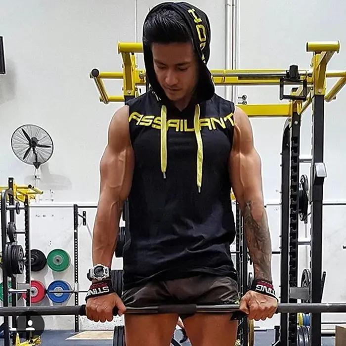Hommes débardeurs vêtements de sport Fitness sweat à capuche sans manches gilets coton Singlets homm