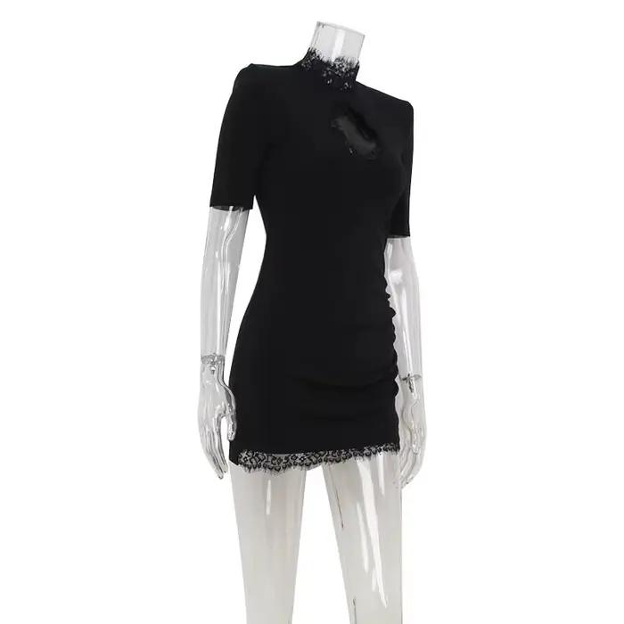 Robes à col haut pour femmes, mini robe éducative, tenues à demi-manches, gaine de tambour évidée, p