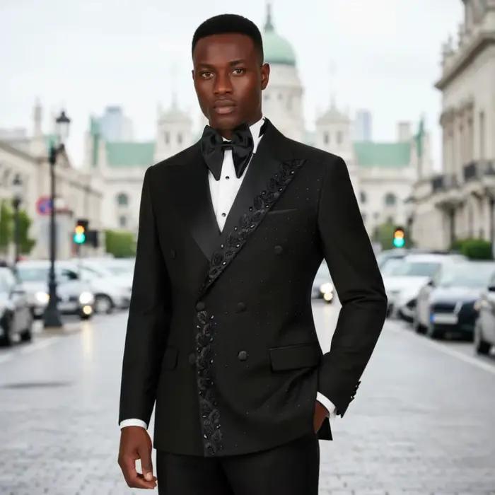 Costume Homme Perlé Brodé Noir Texturé Croisé Coupe Slim Formel pour Mariage, Bal de Promo, Dîner, S