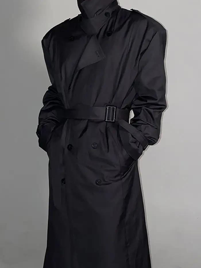 Mauroicardi-Manteau long noir pour homme, ceinture double boutonnage, décontracté, coupe-vent, print
