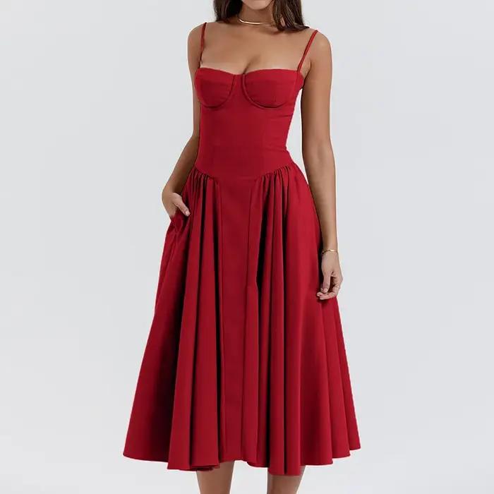 Robe mi-longue plissée dos nu pour femme, élégante, sexy, solide, fronde, soirée, robes trapèze, été