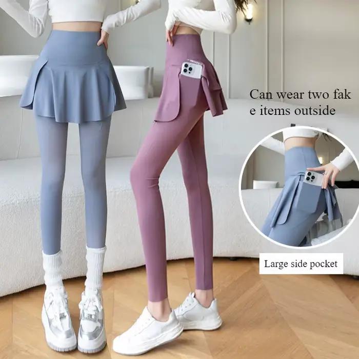 Faux Leggings deux pièces pour femmes, Leggings de Fitness sans couture, taille haute avec poche éla