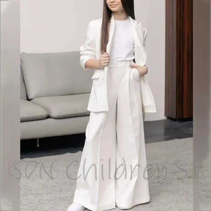 Costume blanc tendance pour fille, col classique à revers, coupe ample, vêtements pour enfants, cost