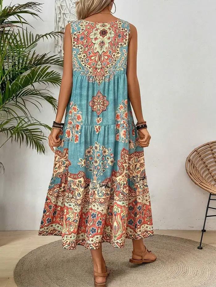 Robe d'été sans manches à col rond imprimée pour femmes, adaptée aux vêtements décontractés ou de pl