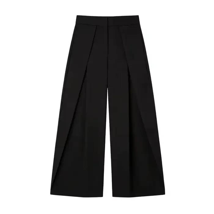 Pantalon Baggy Noir Plissé à Jambes Larges Rayé Décontracté Taille Haute pour Femme Printemps