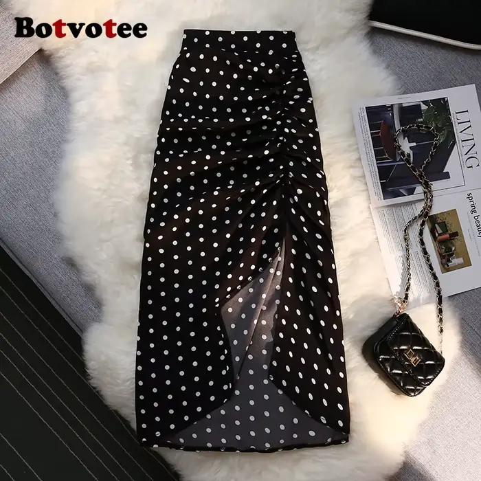 Botvotee Sexy Vintage Pokal Dot imprimé trompette jupe Midi pour les femmes dos élastique côté fendu