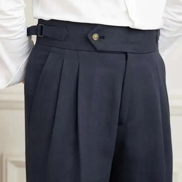 Pantalon en lin et coton taille haute pour homme, pantalon droit décontracté, pantalon plissé pour g