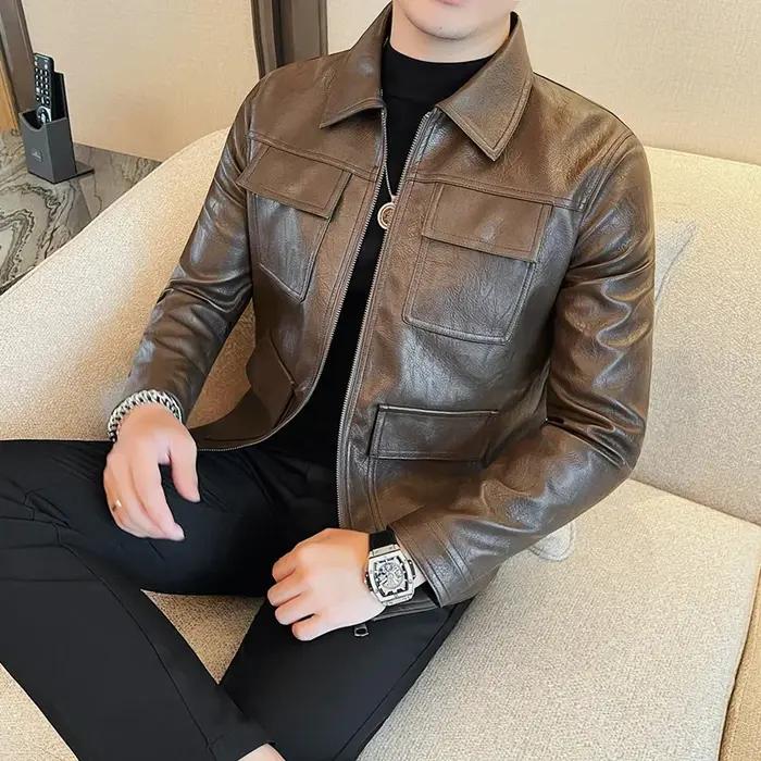 Veste en similicuir PU de haute qualité, mode, conception multi-poches, CombMan, Vintage Business, S