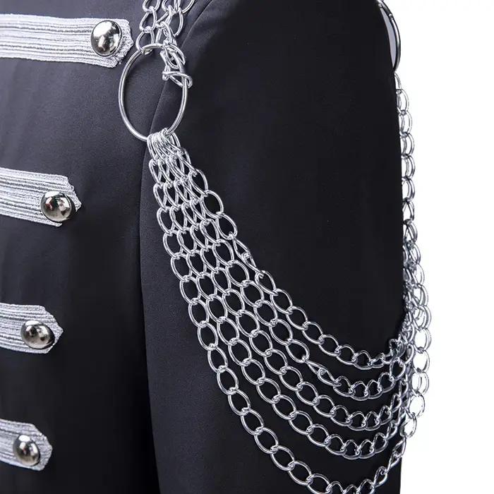 Blazer militaire noir avec chaîne argentée pour hommes, veste de spectacle de magicien pour chanteur