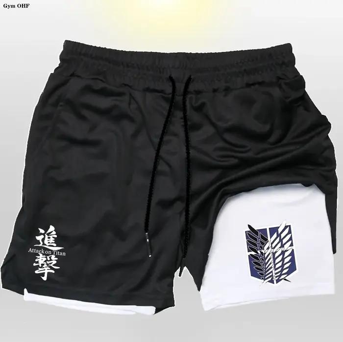 Anime Attack On hommes Gym séchage rapide Jogging Shorts Fitness entraînement course 2 en 1 pantalon
