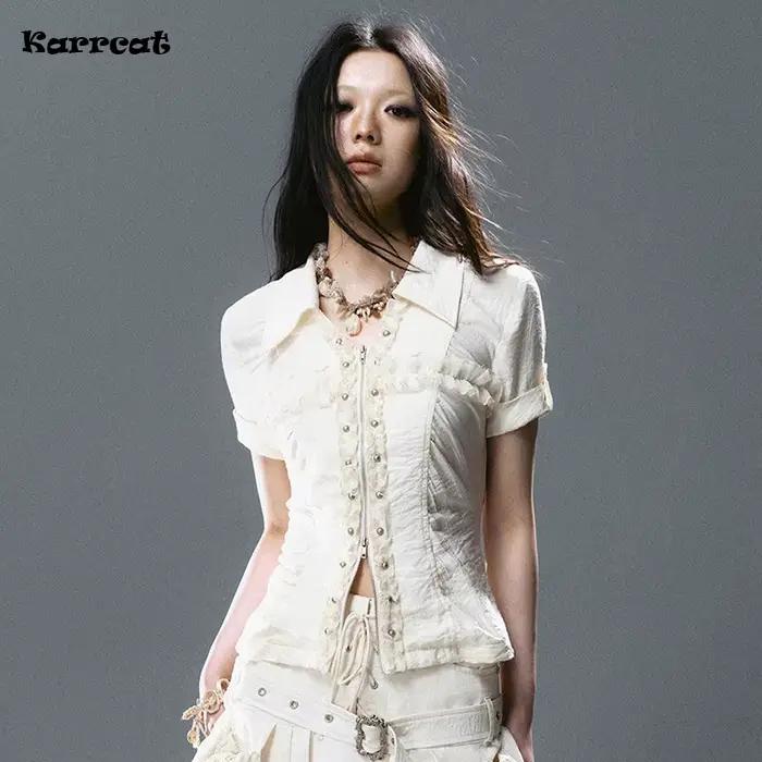 Chemise à lacets croisés Karrcat style grunge, chemisier à rivets Y2K trashy à manches courtes, chem