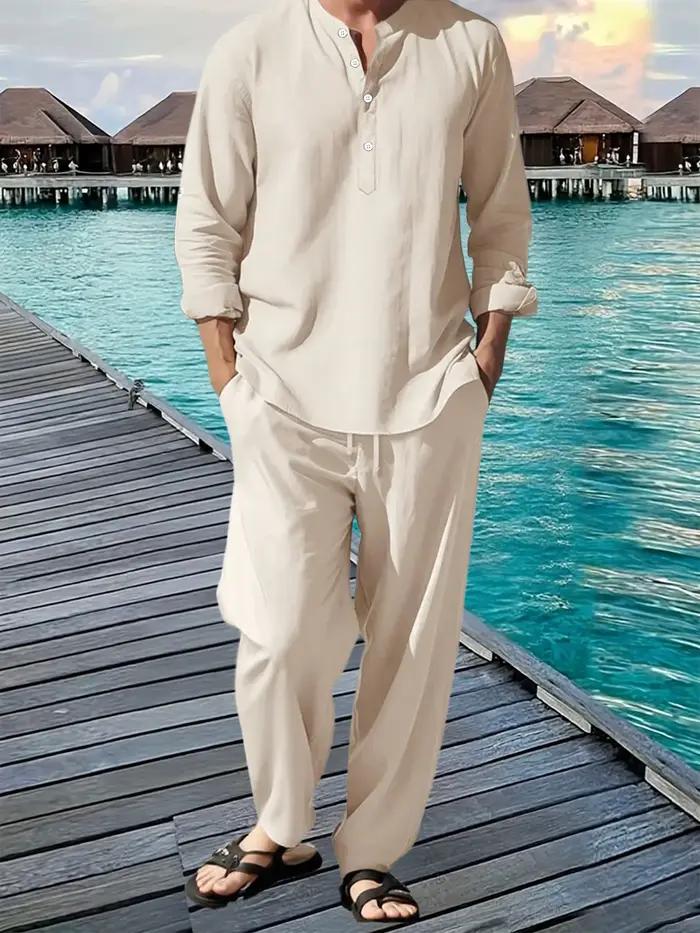 Henley – costume chemise et pantalon pour hommes, léger et respirant, Streetwear, couleur unie, bout