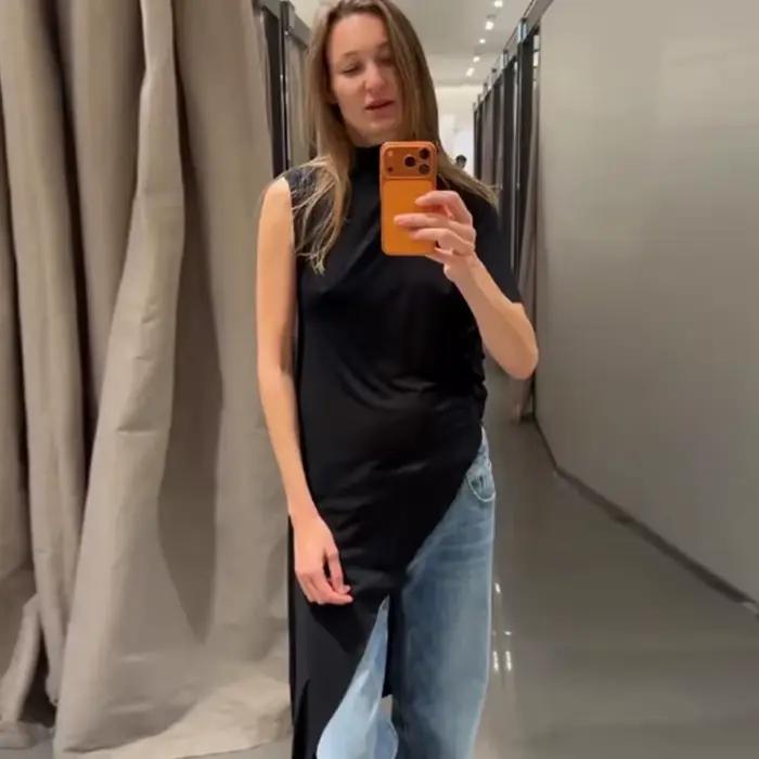 Haut plissé asymétrique noir pour femme, nouvelle collection Printemps-Été 2026, élégant et chic, po