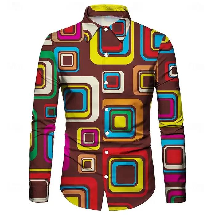 Chemise à manches longues pour hommes, forme géométrique irrégulière 3D imprimée, tissu polyester pe