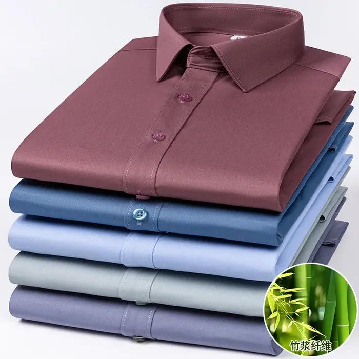 Chemise extensible en Fiber de bambou pour hommes, manches longues, Anti-rides, sans repassage, Slim