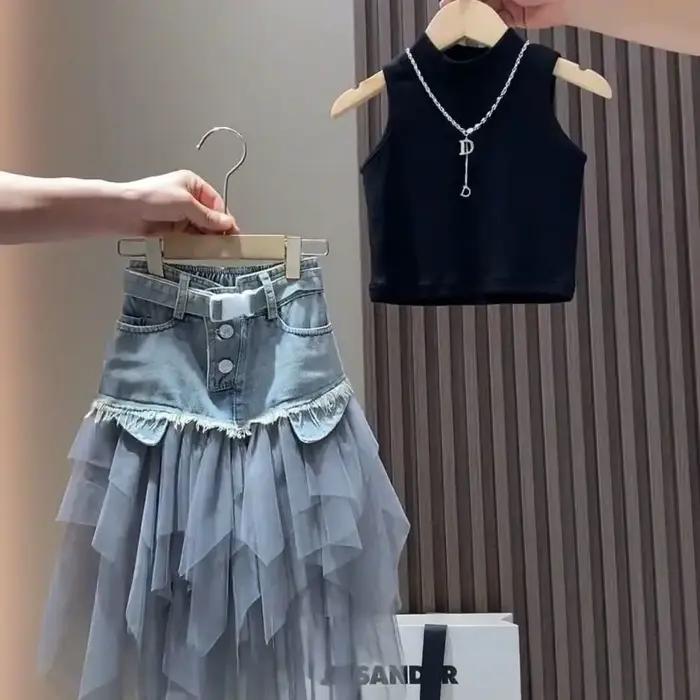Ensemble été fille version coréenne 2025 - Débardeur + jupe cowboy + veste - Style bébé tendance