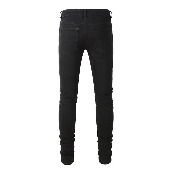 Jean de motard en cuir fissuré pour homme, pantalon en Denim Stretch, effilé, déchiré, Patchwork noi