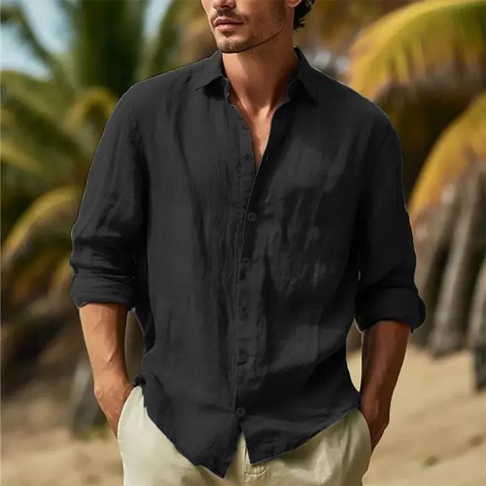 Chemises en coton et lin pour hommes, col rabattu, chemise hawaïenne solide, légère et respirante, c