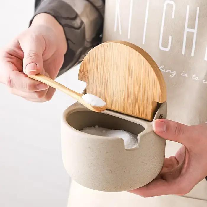 Pot d'assaisonnement en céramique de Style japonais, couvercle en bambou, pot à épices avec cuillère