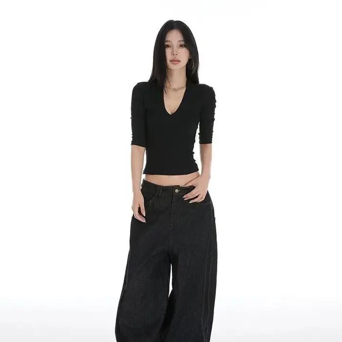 T-shirt court noir Y2K pour femme, col en V, épaules tombantes, manches courtes, coupe slim, décontr