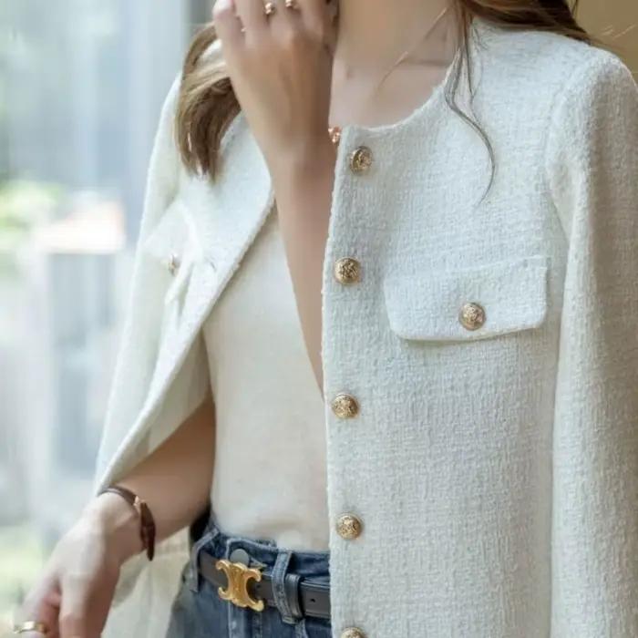 Manteaux coréens pour femmes, veste en laine française Tweed, mode haut de gamme, boutons dorés, cou