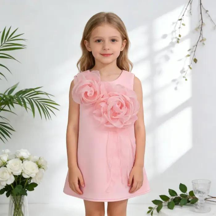 Nouvelle Robe de Princesse Rose Sans Manches pour Filles, Robe de Soirée Élégante avec Fleurs 3D pou
