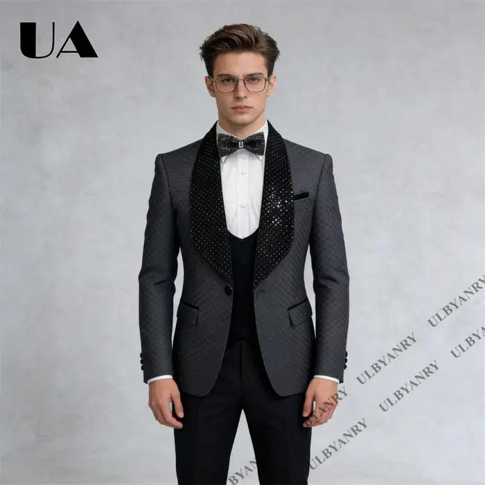 Ensemble de costume brillant trois pièces ULBYANRY comprenant veste, gilet et pantalon, col et gilet
