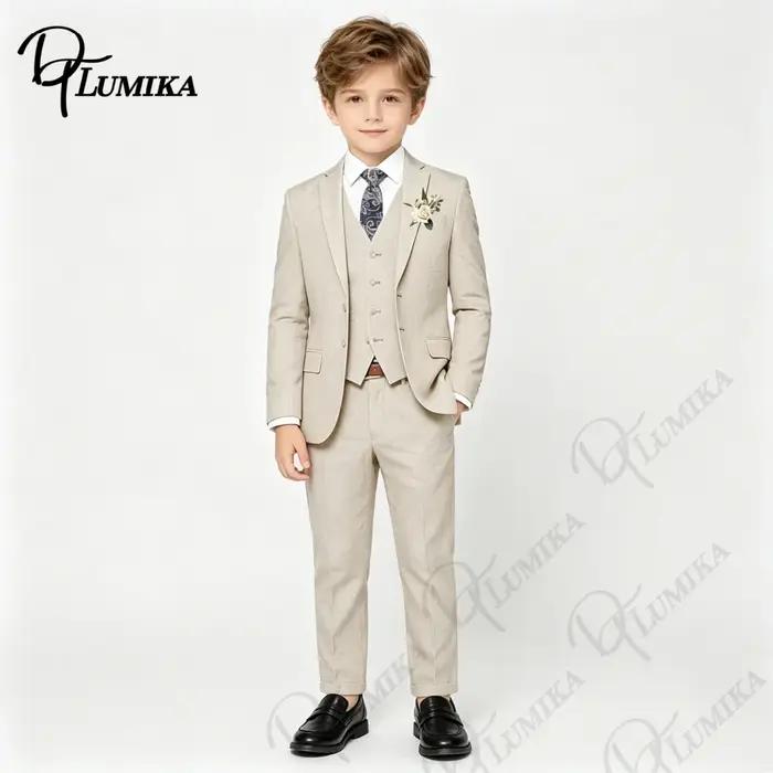 Costume en lin beige pour garçons, 4 pièces, avec cravate florale, ensemble formel pour enfants, mar