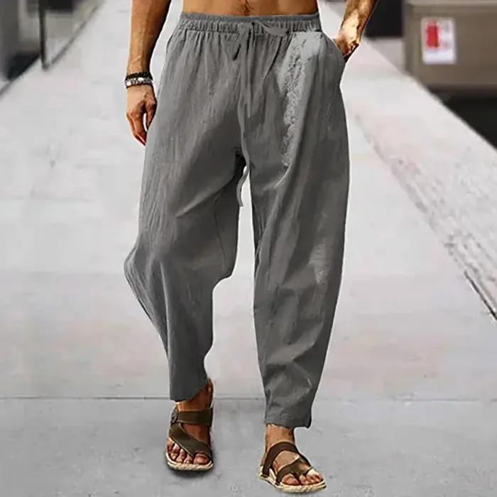 Nouveaux hommes coton lin pantalon été et automne solide taille haute pantalon à jambes larges mâle