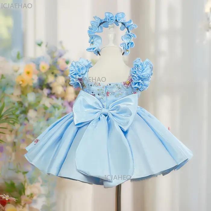 Nouvelle Robe de Princesse Bleue pour Enfants à Manches Volantes et Moelleuses, Robe de Cérémonie po