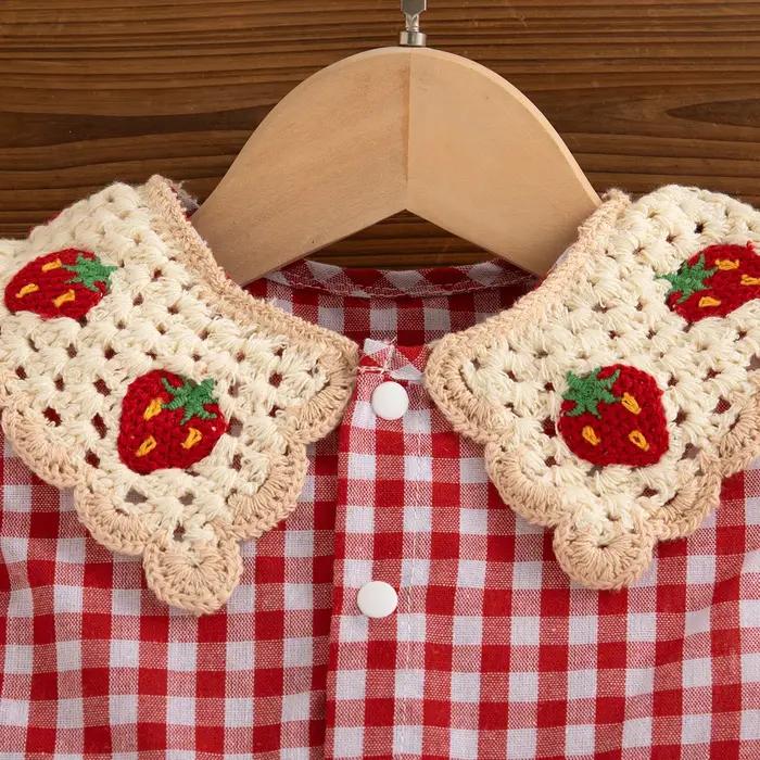 Robe d'été en coton à carreaux rouges pour bébé fille, jolie robe de plage à revers fraise