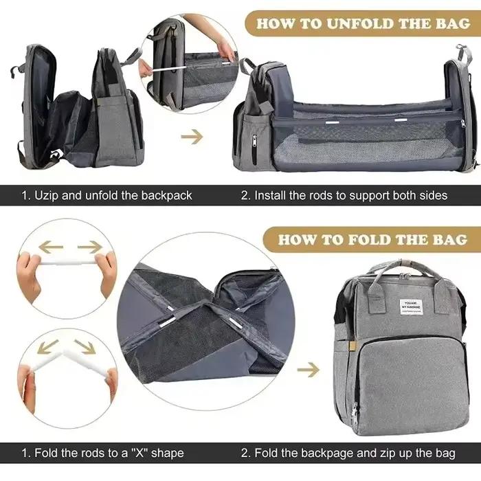 Sac à couches de lit pliable avec station à langer, poche isolée et grande capacité, sac multifoncti
