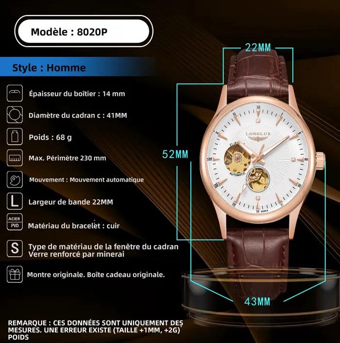 LONGLUX montre automatique style élégant en gros montres mécaniques squelette rome étanche