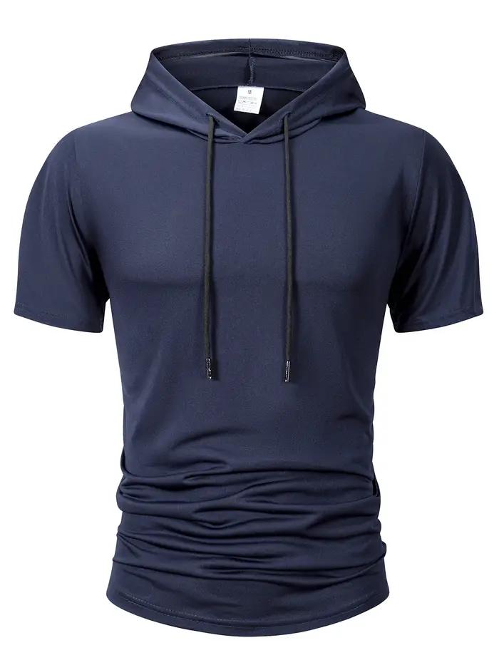 Sweat-shirt à capuche pour hommes, décontracté, manches courtes, ample, couleur unie, léger, Fitness