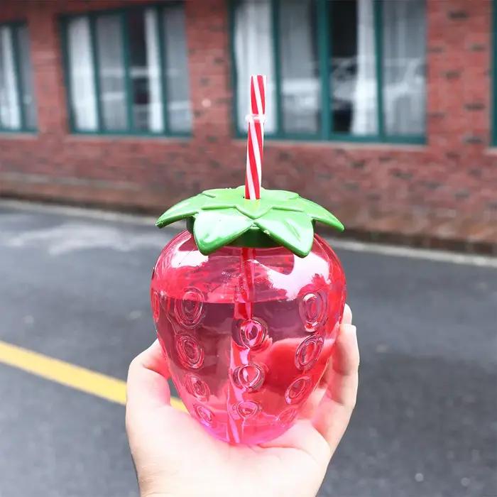 Tasse de paille de fraise 500ml, 1 pièce, dessin animé mignon d'été, qualité alimentaire PP, large A