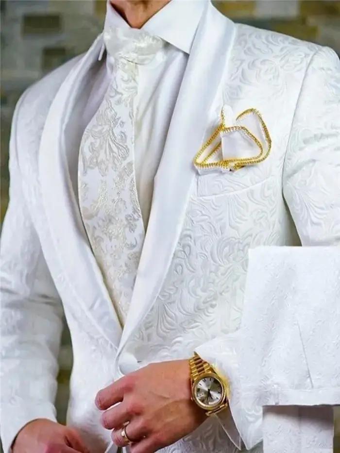 GroomTIME-Costumes 2 pièces en satin blanc pour hommes, smokings de marié, châle, revers, mariage, m