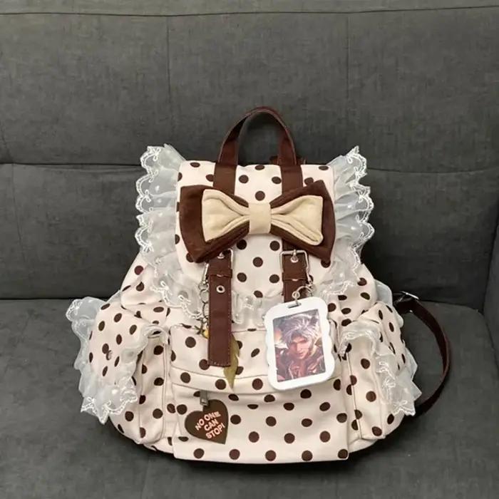 Sac à dos Preppy à pois avec nœud décoratif en dentelle, plusieurs poches, grande capacité, sac simp