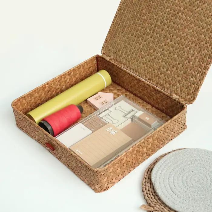 Paniers en jonc de mer avec couvercle, 2 pièces, panier de rangement en osier, bacs de rangement pla