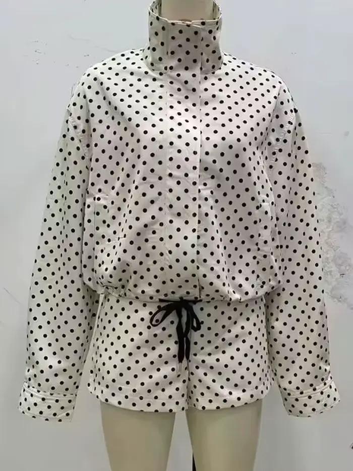 HH – ensemble imprimé à pois pour femme, veste à manches longues, col roulé, cordon de serrage + sho