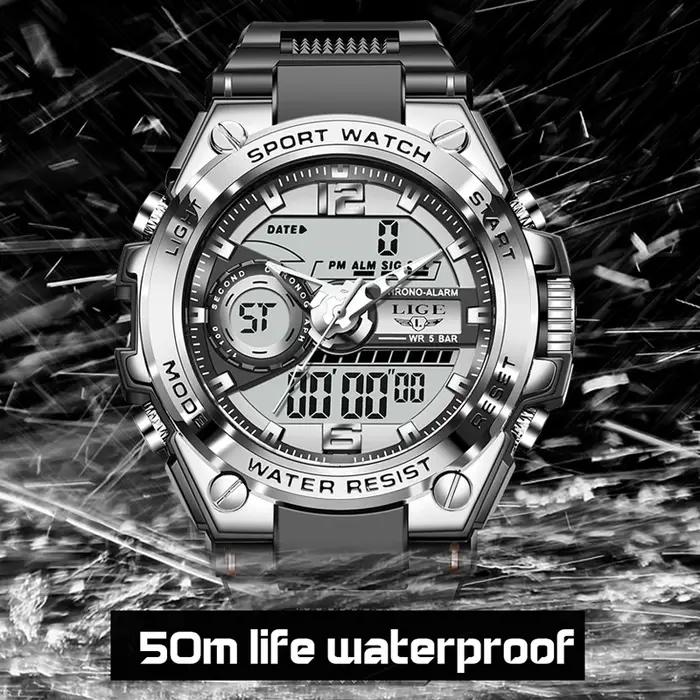 LIGE numérique hommes montre militaire 50m étanche montre-bracelet LED Quartz horloge Sport montre m