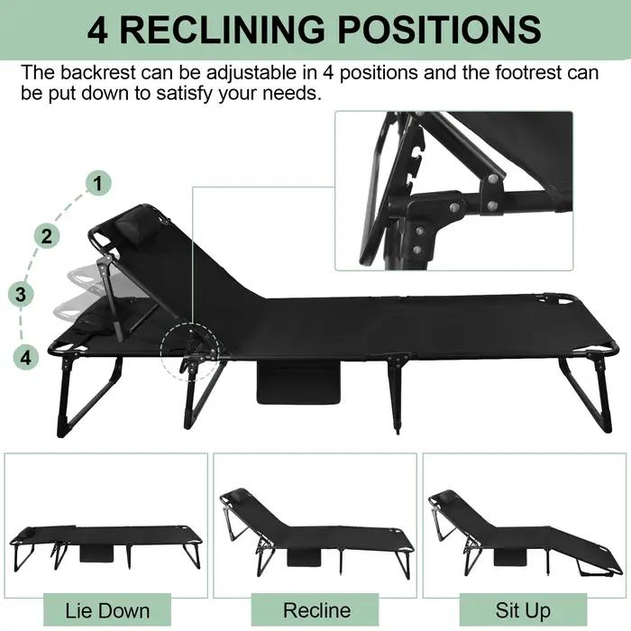 Lit de camping pliant portable – Chaise longue inclinable réglable à 3 positions avec oreiller, lit
